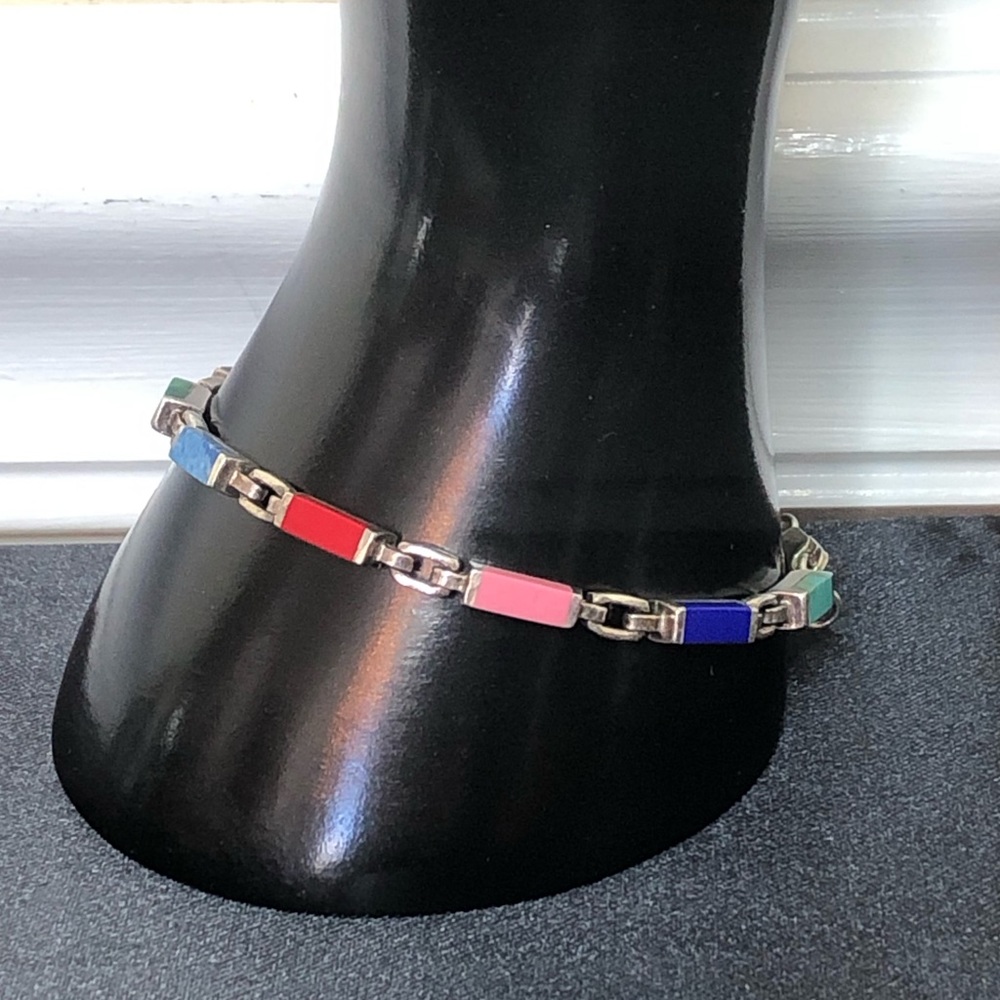 TAXCO Sterling Silver Multi-Gemstone Link Bracelet
